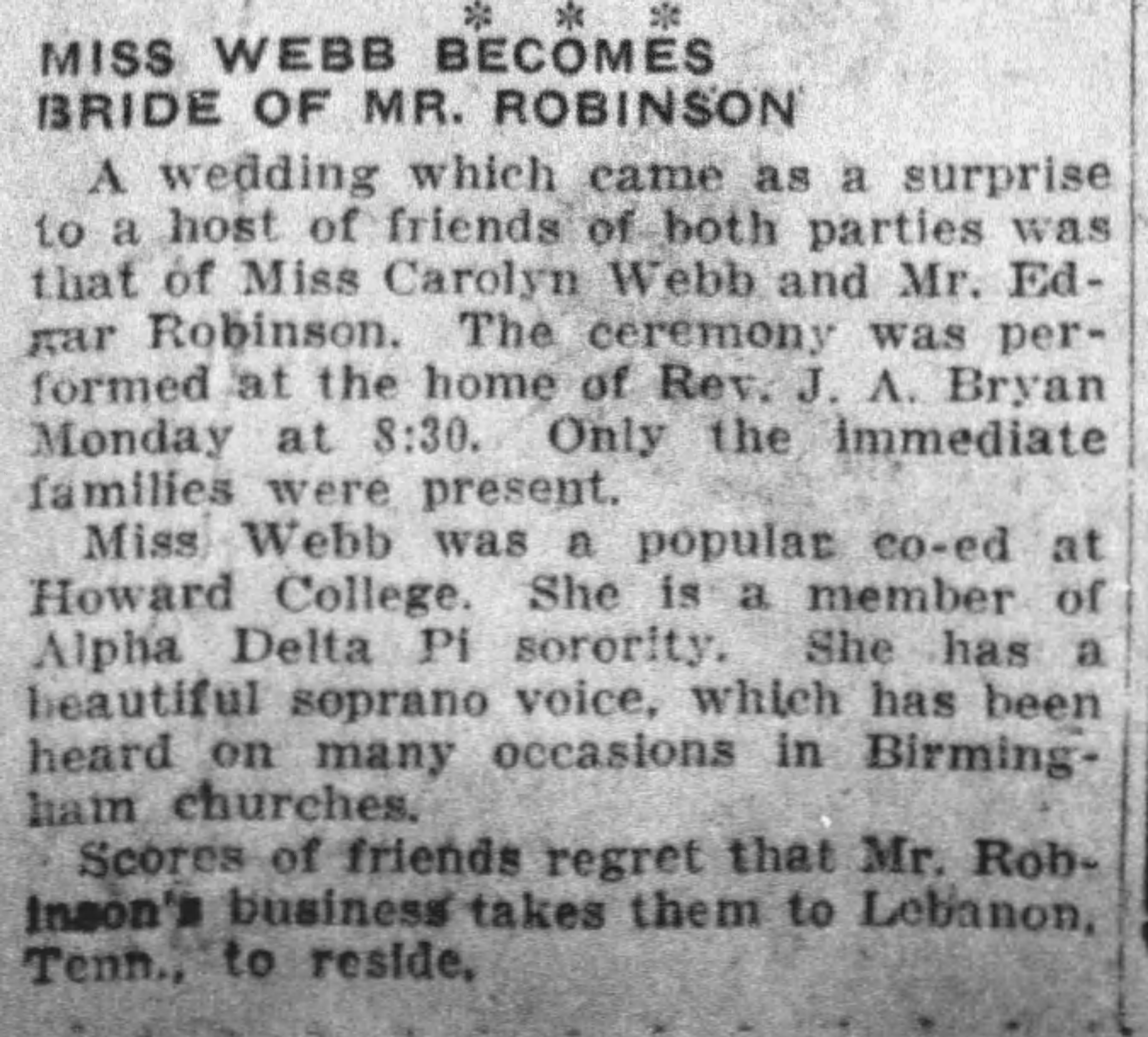 Miss Webb Becomes Bride of Mr. Robinson